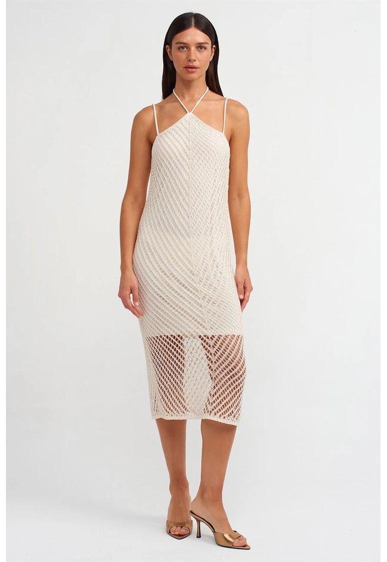 Rochie Midi - cu Guler Halter - Decupaje - Crem Natural - Tricot Texturat - One Size