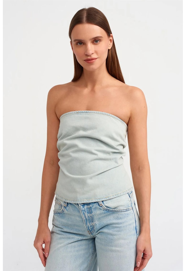 Top scurt din denim - fara bretele - albastru deschis - bumbac - Albastru