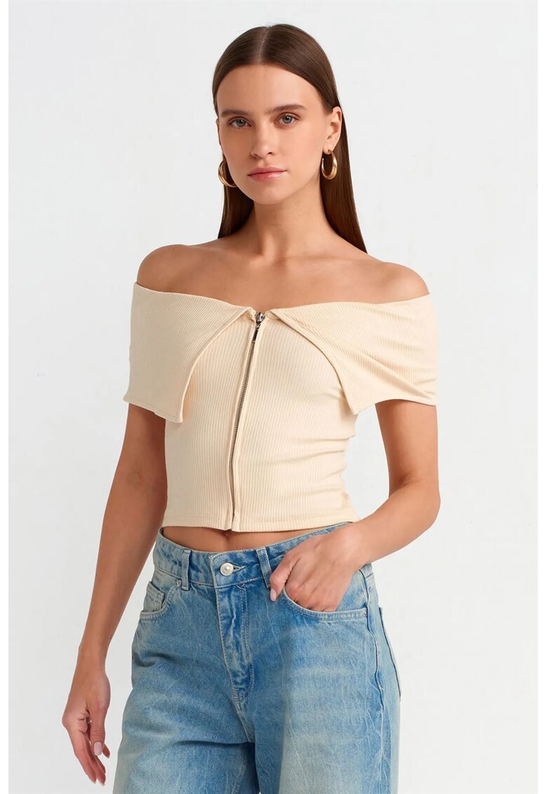 Tricou dama - tricou crop cu umeri goi - crem natural - bumbac-elastan