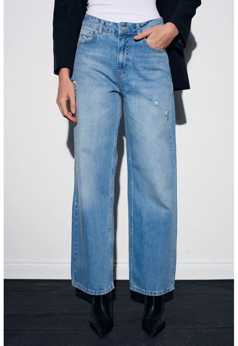 Blugi dama - talie inalta - croiala dreapta - denim albastru deschis-mediu - 100% bumbac