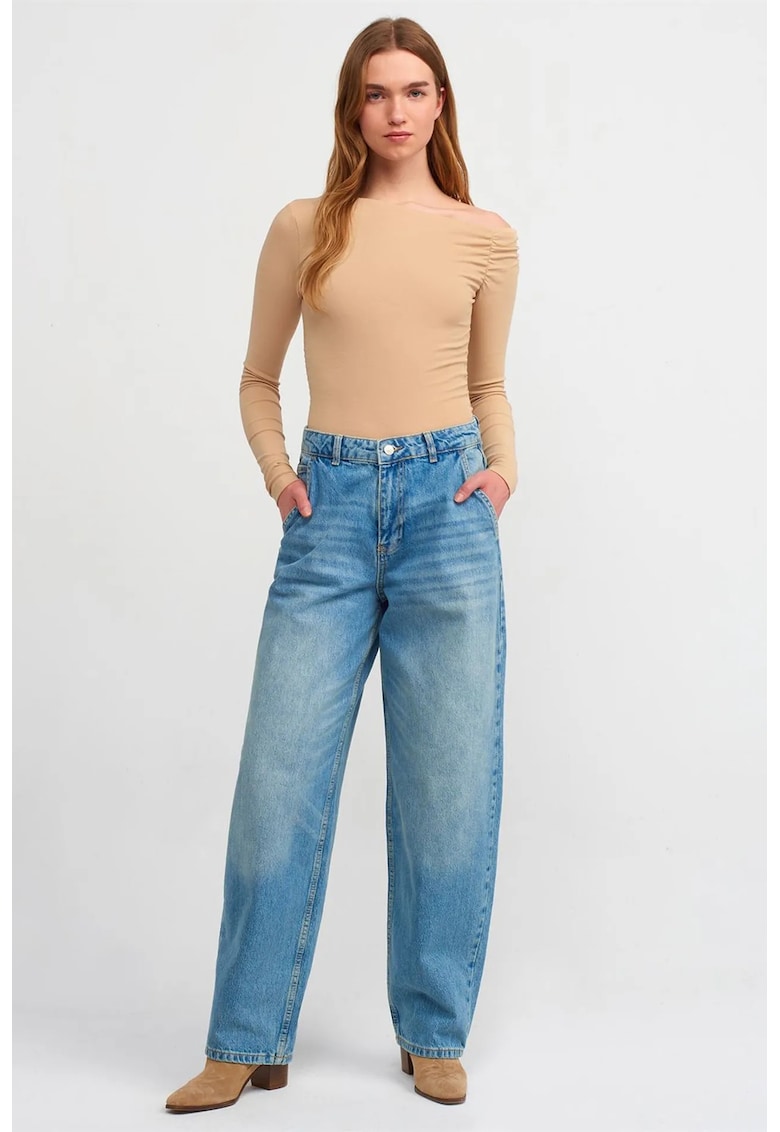 Blugi dama talie inalta - croiala larga denim albastru deschis-mediu 100% bumbac