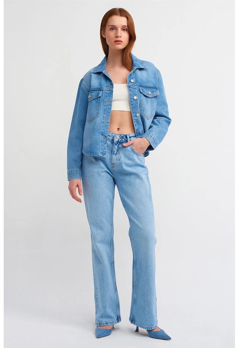 Blugi dama - evazati - talie joasa - denim albastru deschis-mediu - 100% bumbac