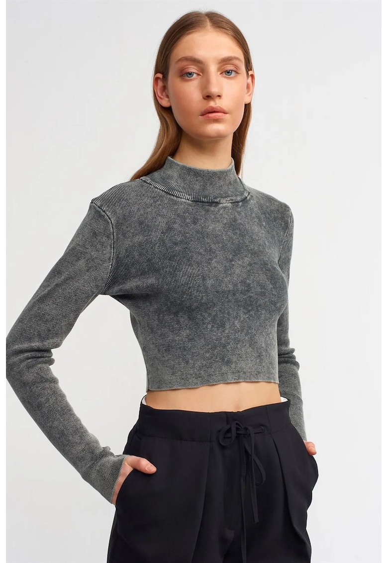 Bluza dama - scurt - slim fit - gri antracit - tricot bumbac-poliamida - One Size INTL -