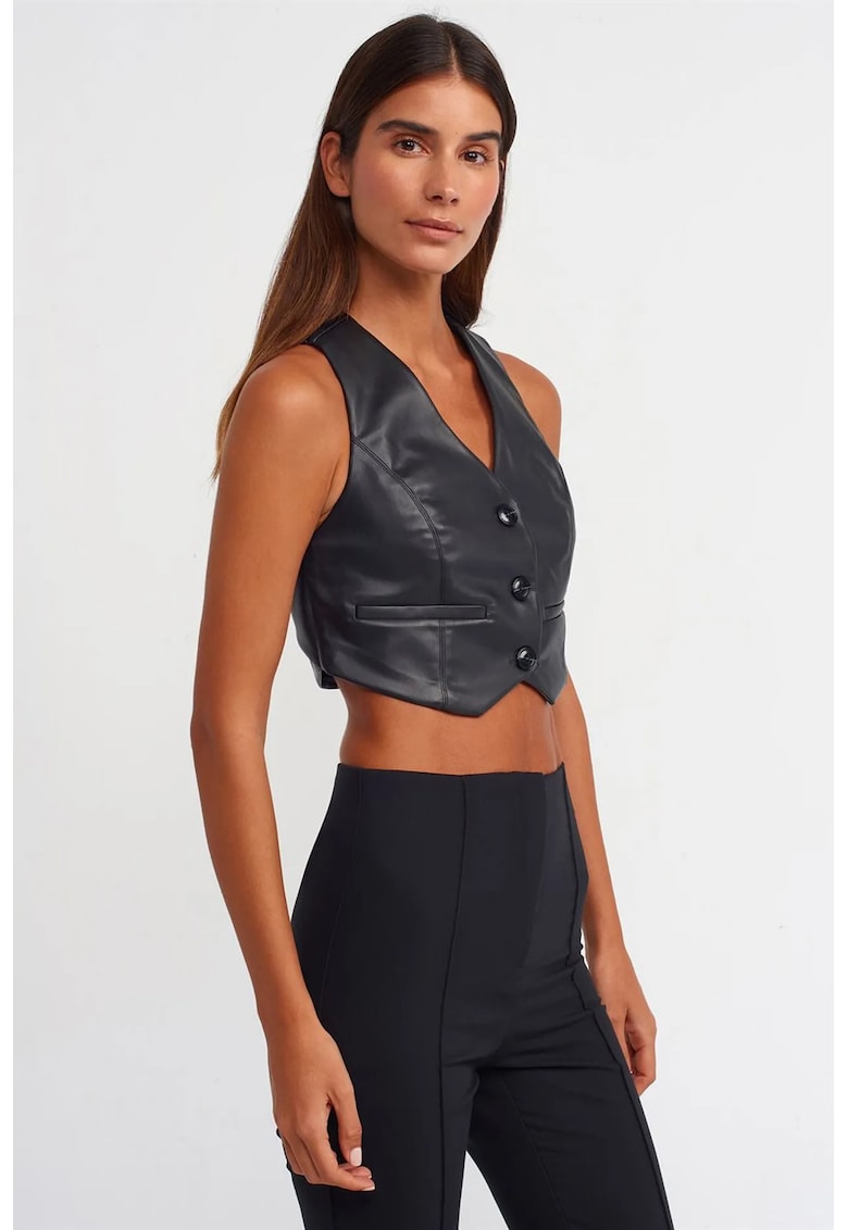 Bluza dama - crop - negru - imitatie de piele - fara maneci - cu nasturi