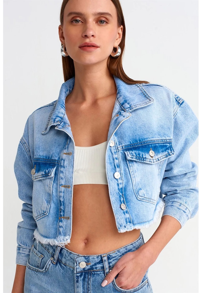 Geaca matlasata scurta - denim albastru deschis - 100% bumbac - cu nasturi - pentru femei