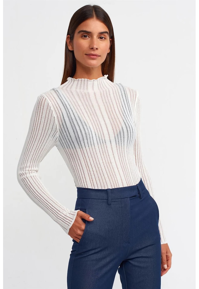Bluza dama - slim fit - alb - tricot subtire cu nervuri - One Size INTL -