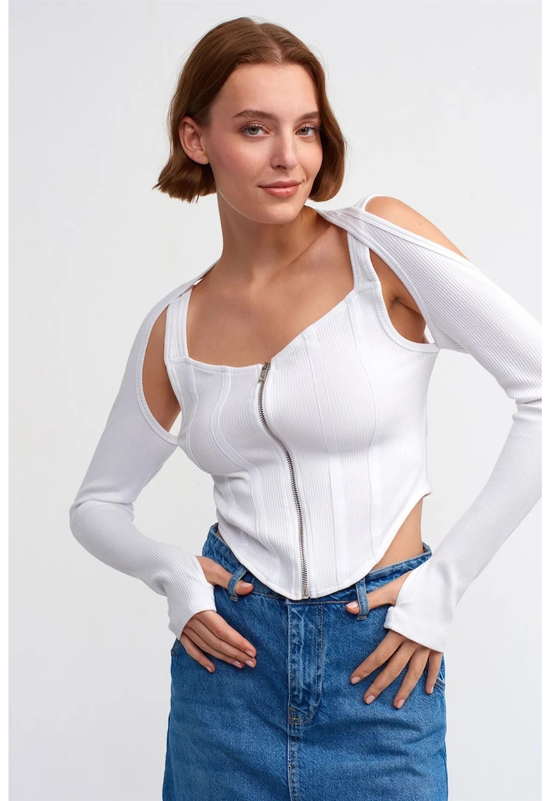 Bluza dama - crop - maneci lungi - alb - bumbac cu elastan