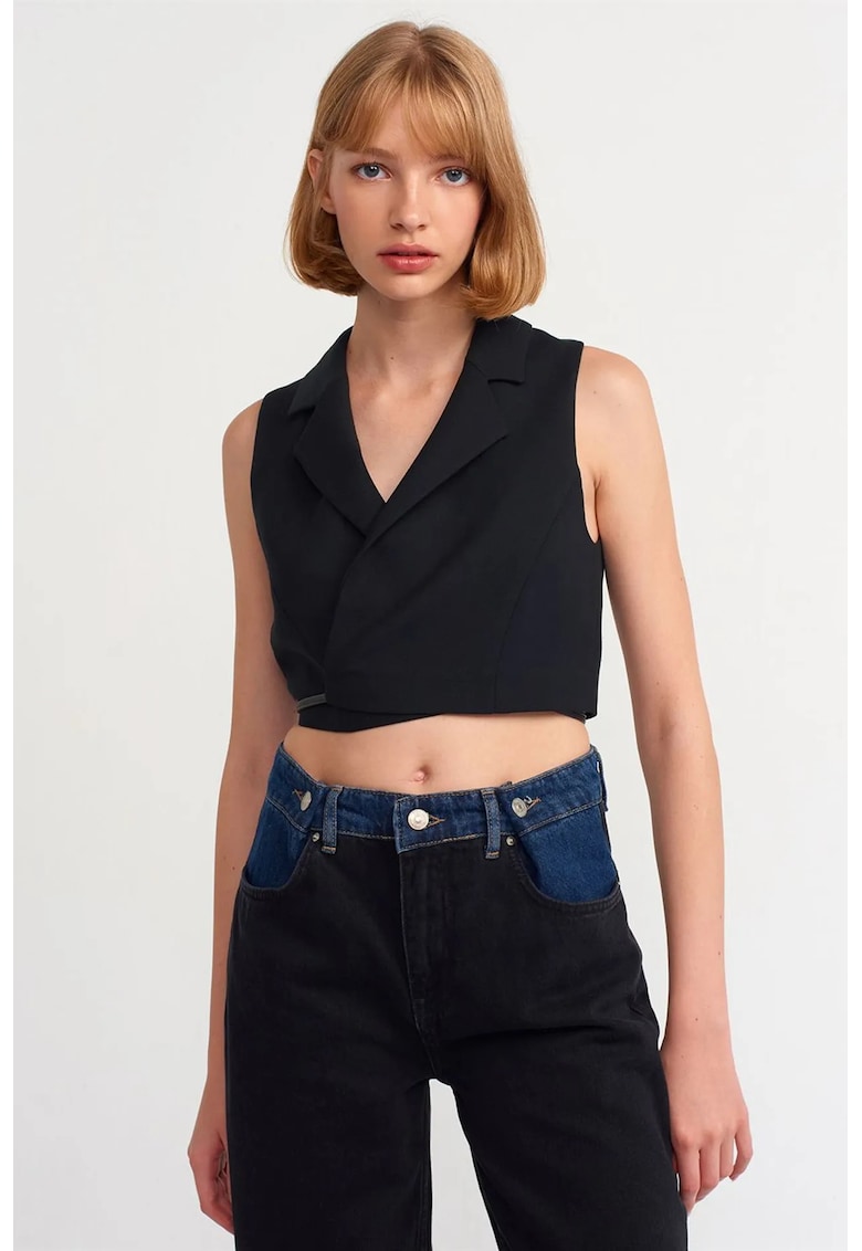 Bluza crop - mulata - cu detalii cu snur - negru - crep -
