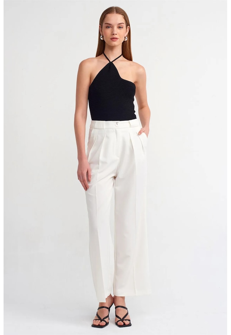 Pantaloni dama - talie inalta - croiala larga - alb - crep