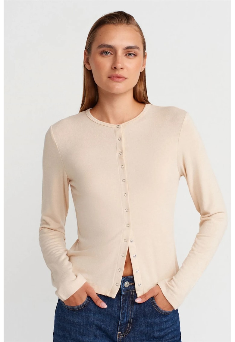 Cardigan Femei - cu guler rotund - nasturi - Bej Natural - tricotat din viscoza - acril si elastan