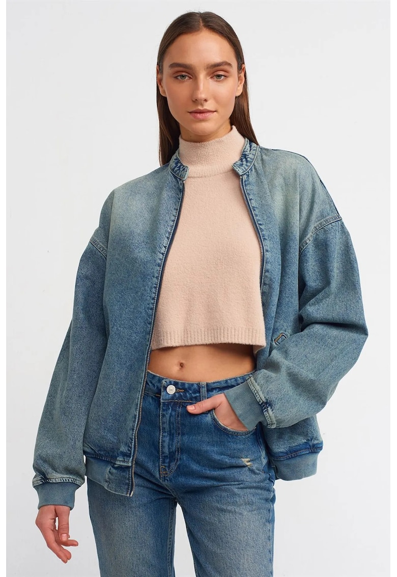 Geaca matlasata lunga - denim albastru mediu - supradimensionata - fermoar - 100% bumbac