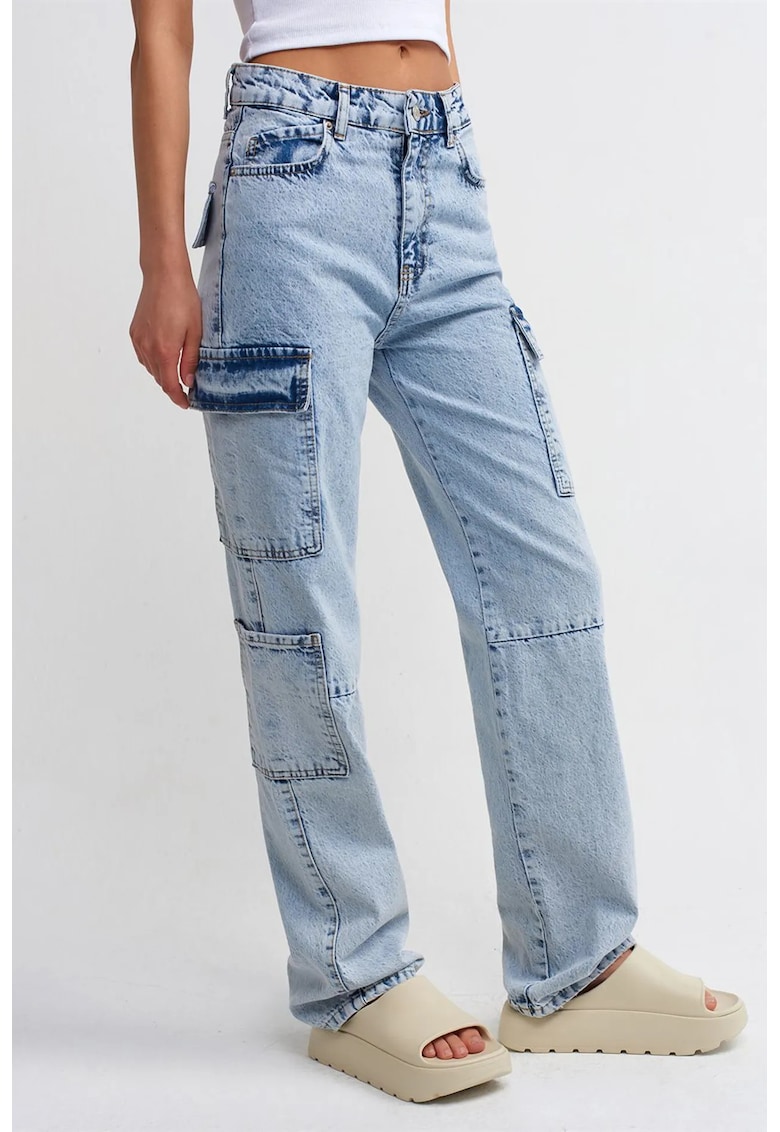 Blugi dama - cargo - talie inalta - largi - denim albastru deschis-mediu - 100% bumbac