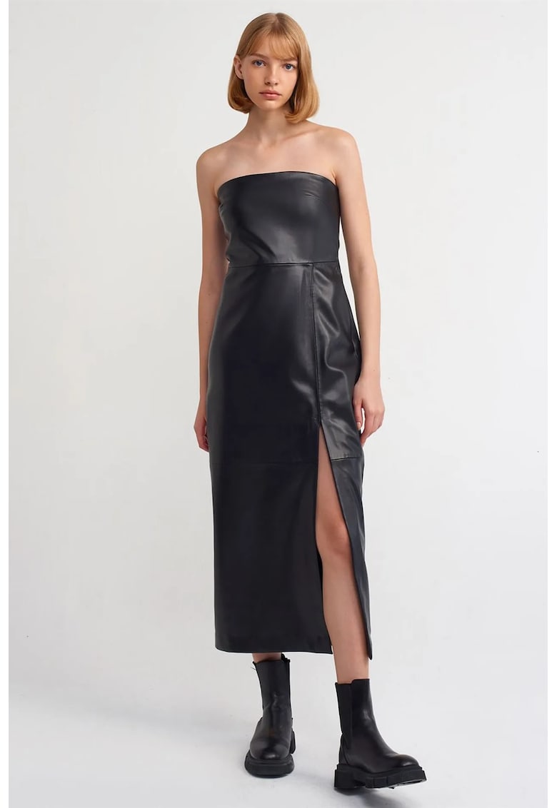 Rochie Midi - Eleganta - Negru - Piele Ecologica - Fara Bretele