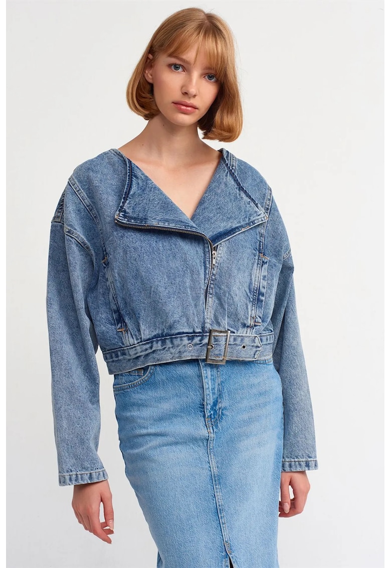 Geaca scurta dama denim albastru mediu - cu curea - fermoar - 100% bumbac