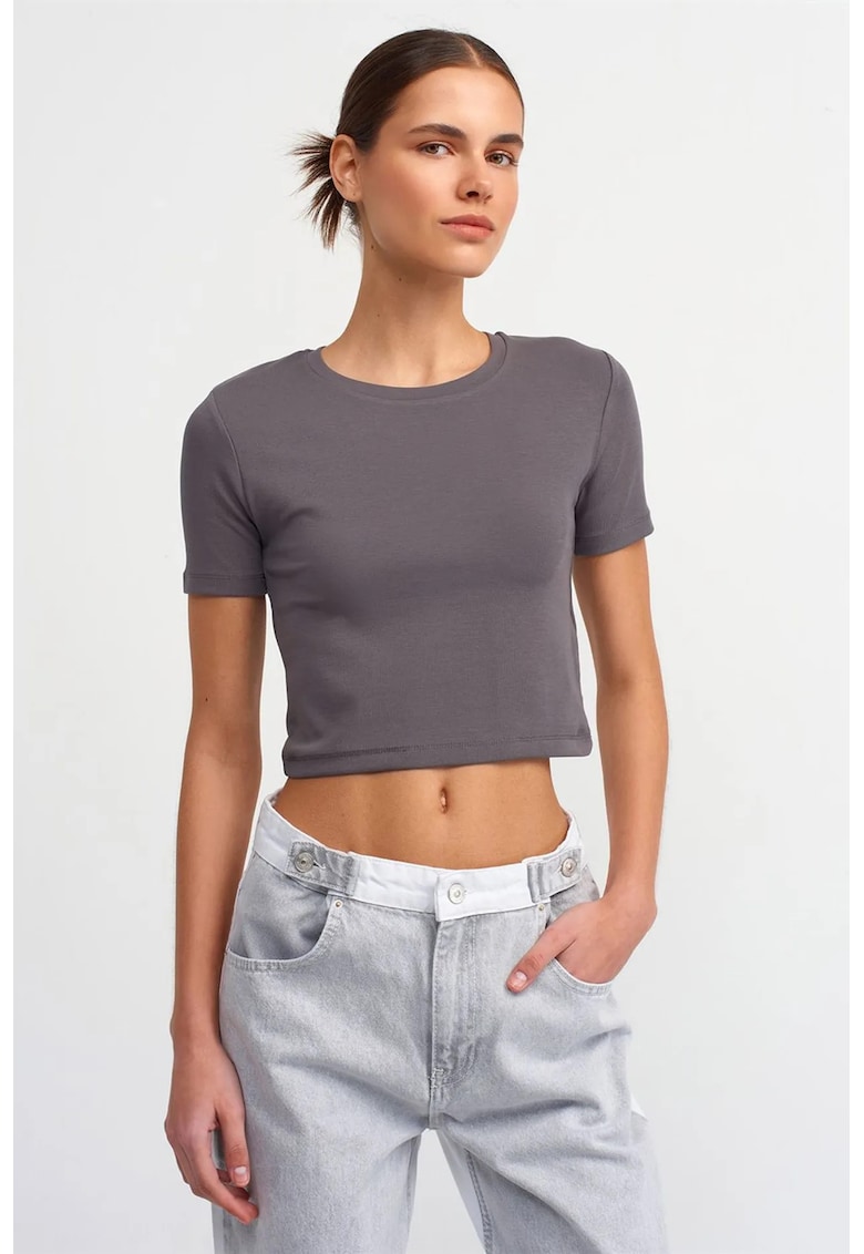 Tricou dama - slim fit - gri antracit - bumbac cu elastan