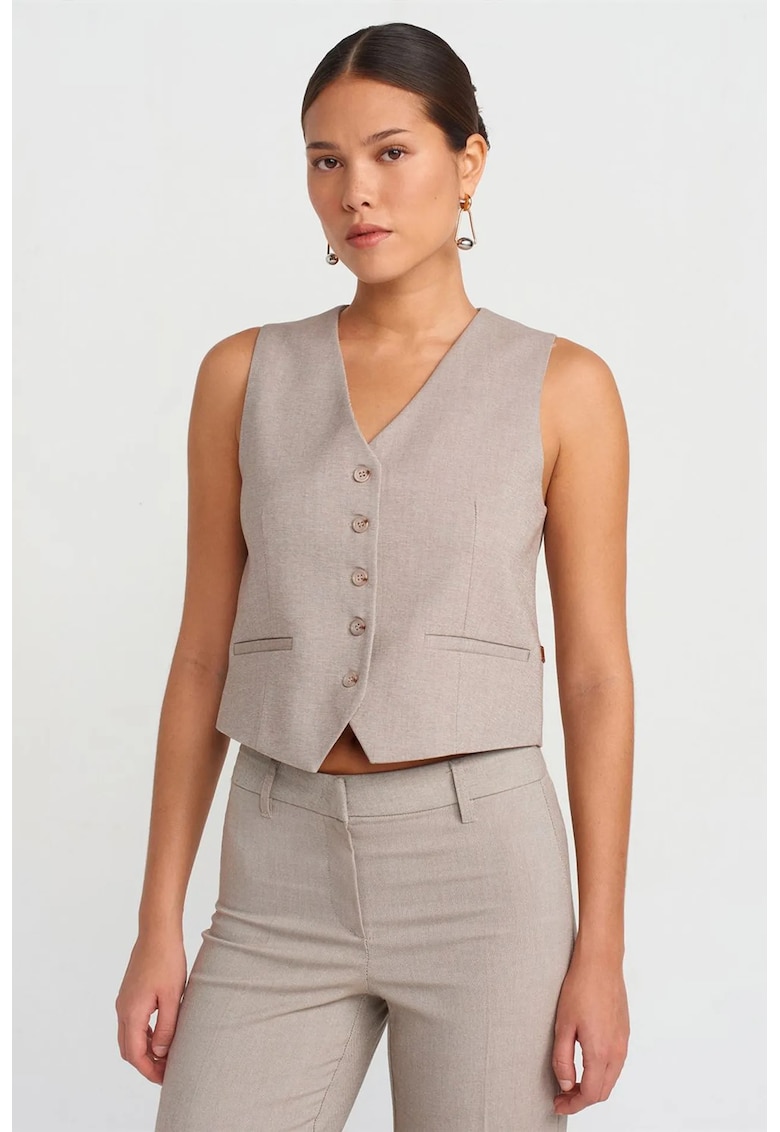 Vesta scurta - decolteu in V - cu cordon - bej natural - crep tesut -