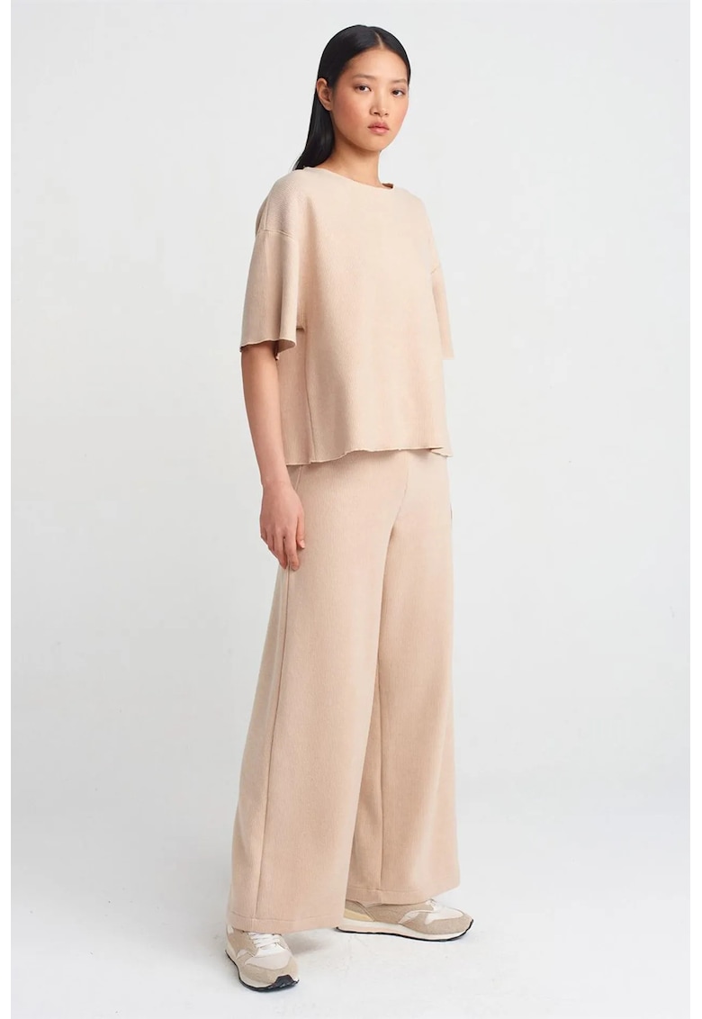 Pantaloni dama - talie inalta - picior larg - bej natural - tricot mediu