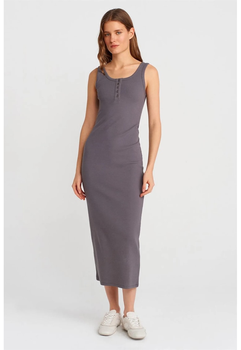 Rochie Bodycon Midi - Gri Antracit - Fara maneci - Detalii cu nasturi - Bumbac cu elastan