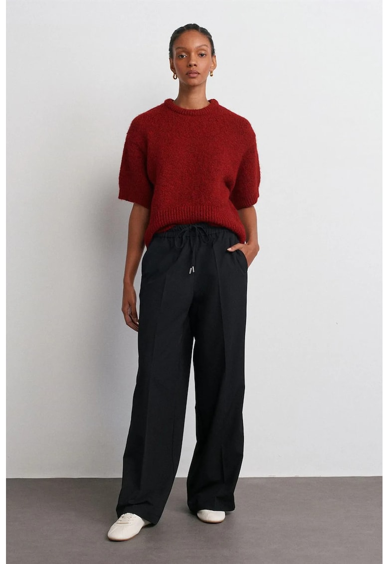 Pantaloni - Pantaloni crep dungi croiala larga - Negru - Negru