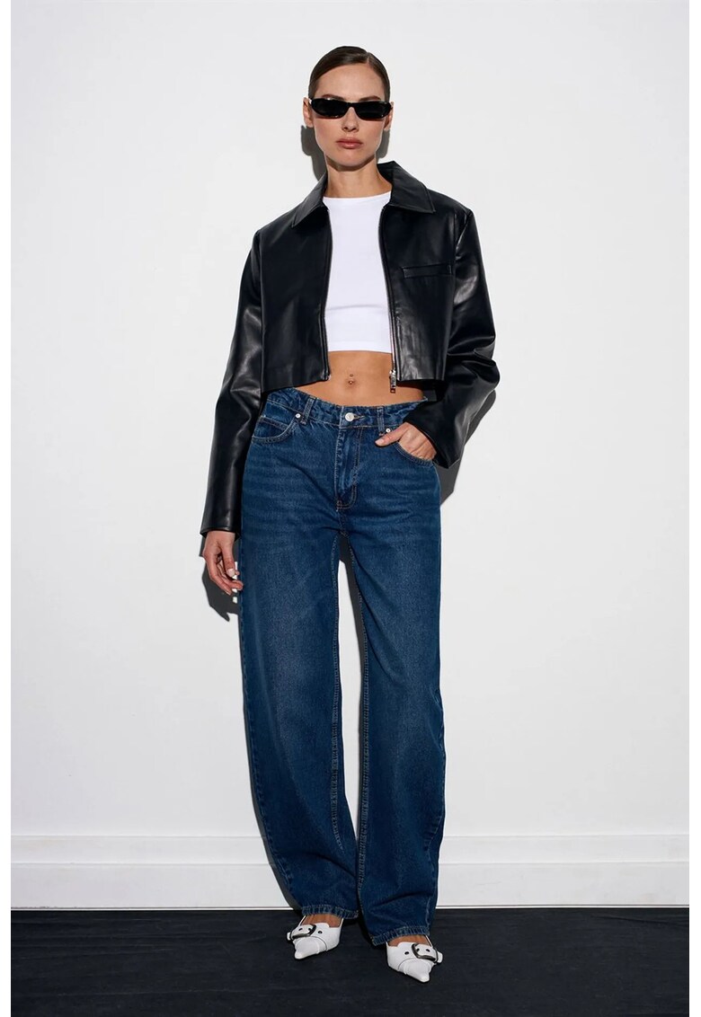 Blugi dama - talie joasa - picior larg - denim albastru mediu - 100% bumbac