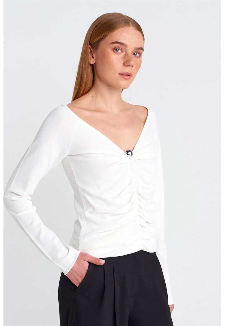 Bluza dama - slim fit - decolteu in V - alb - viscoza si poliamida - One Size INTL -