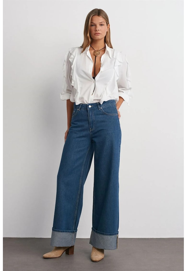 Blugi dama - talie inalta croiala larga - denim albastru mediu - 100% bumbac