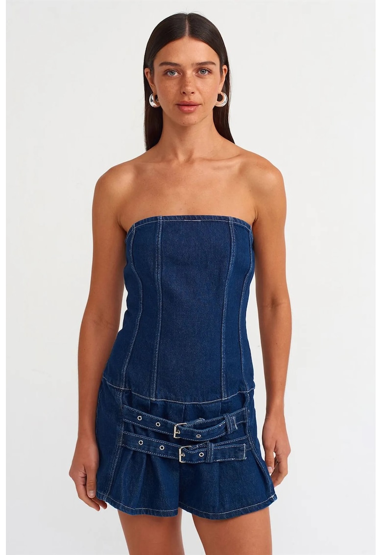 Rochie Mini - Denim Albastru Mediu - Casual - Fara Bretele - Cu Curea