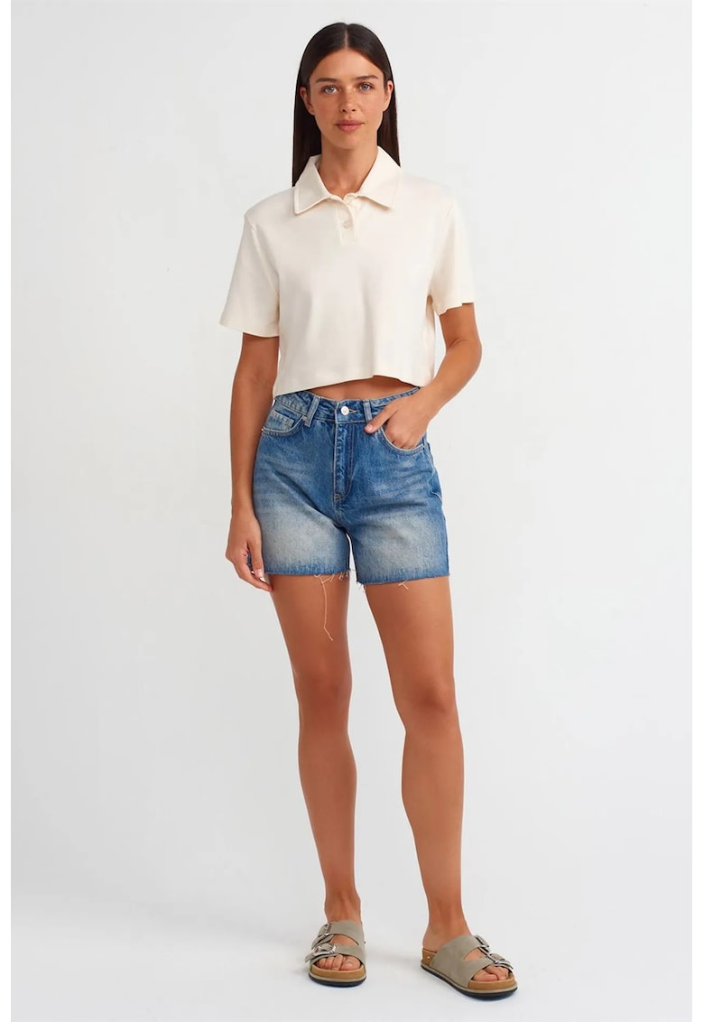 Pantaloni scurti - denim - talie inalta - albastru - bumbac