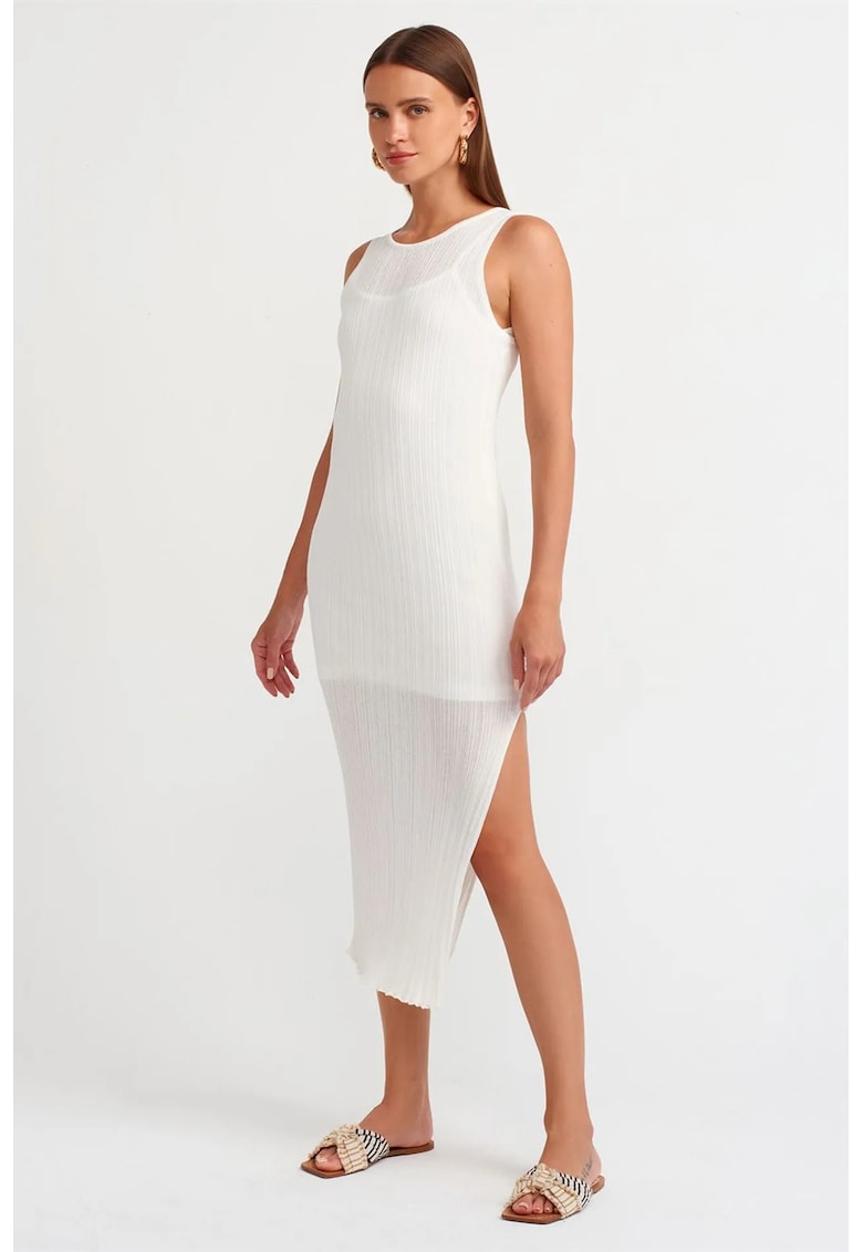 Rochie Midi - Bodycon - Alb - Fara Maneci - Nervuri - 89% Viscoza -