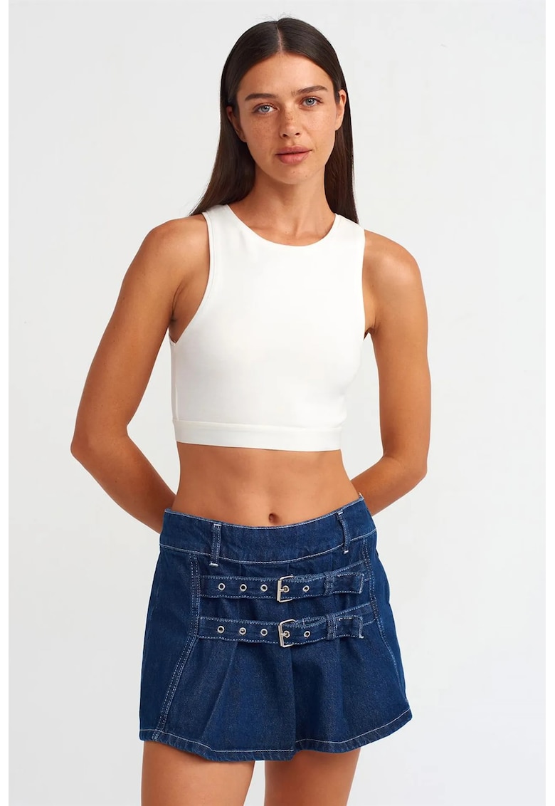 Fusta mini - denim albastru mediu - casual - cu curea - 100% bumbac