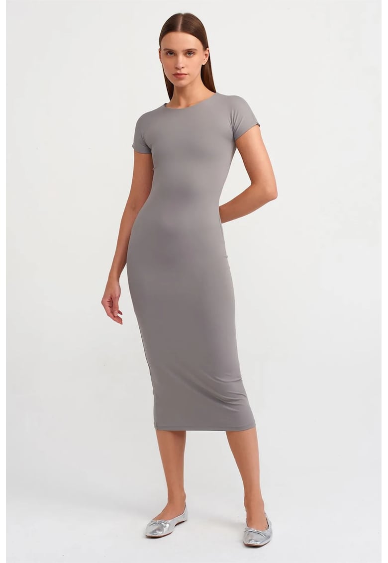 Rochie Midi Bodycon - Gri Ardezie - Casual - Maneca Scurta - Elastic - Fara Inchidere - Femei -