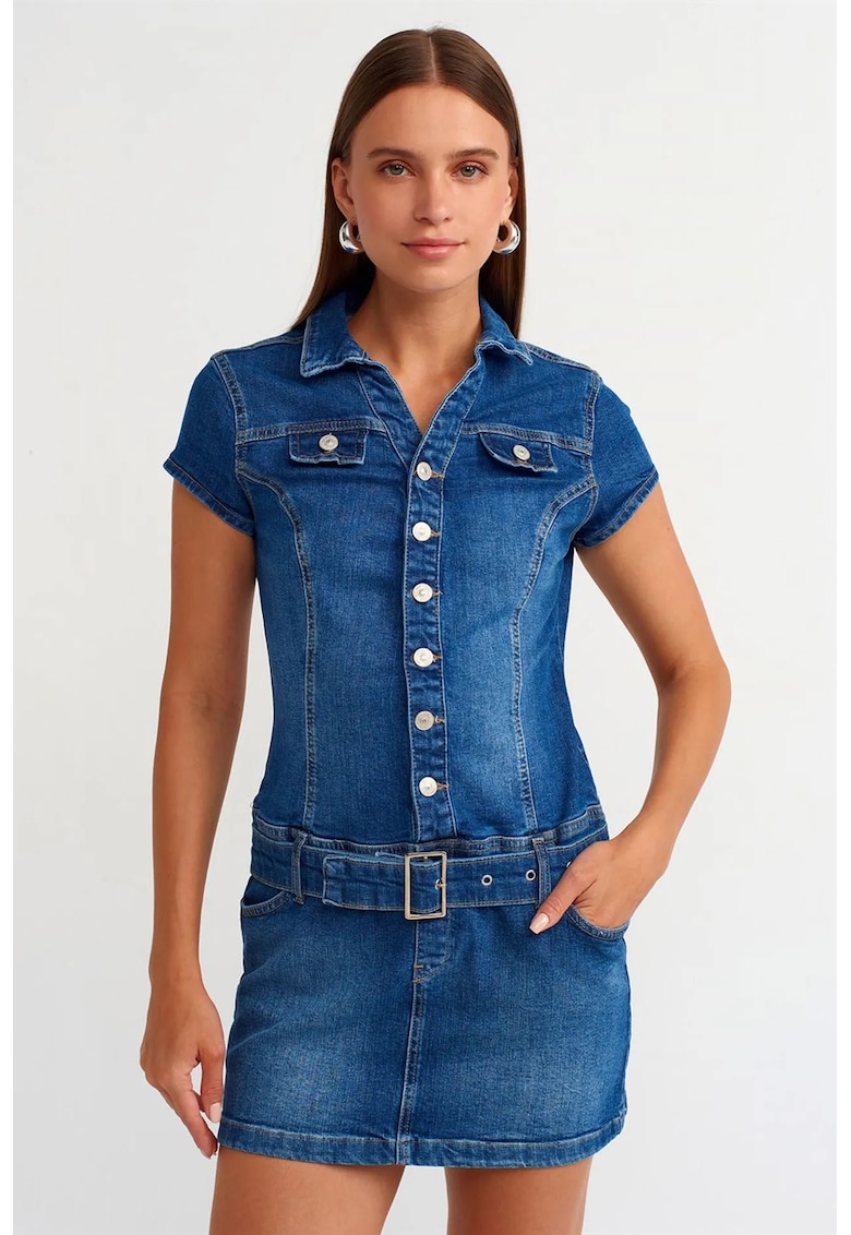 Rochie Mini - Denim Albastru Mediu - casual - cu curea - maneca scurta - guler