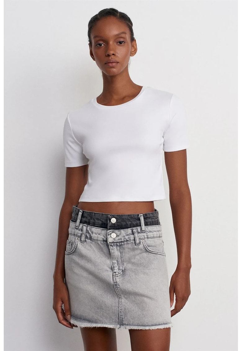 Fusta mini - denim - talie medie - gri - bumbac