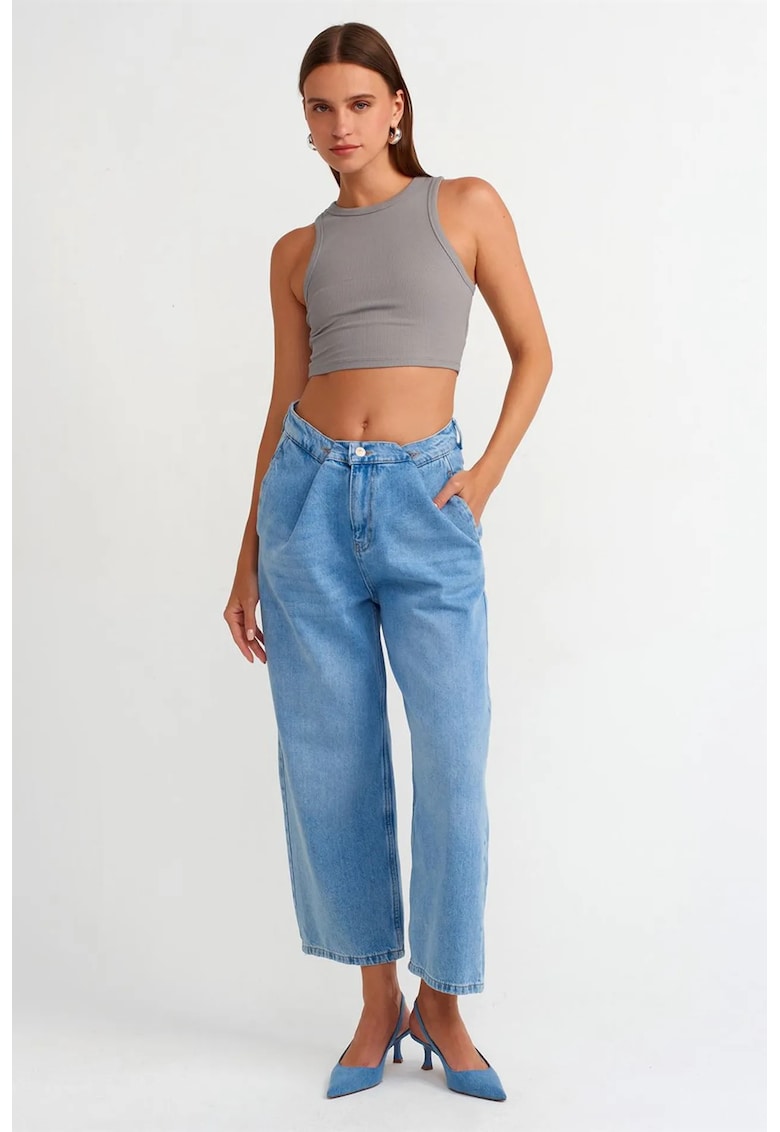 Blugi dama - Capri High-Waist Balloon - Denim albastru deschis-mediu - 100% bumbac