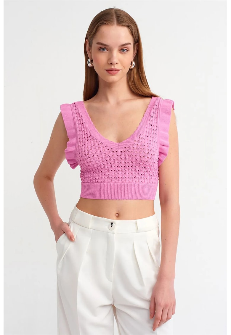 Bluza crop - mulata - cu volanase - roz aprins - viscoza si poliamida -