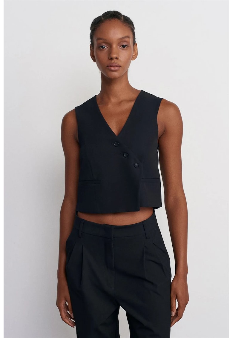 Vesta scurta - neagra - casual - cu nasturi - din material crep