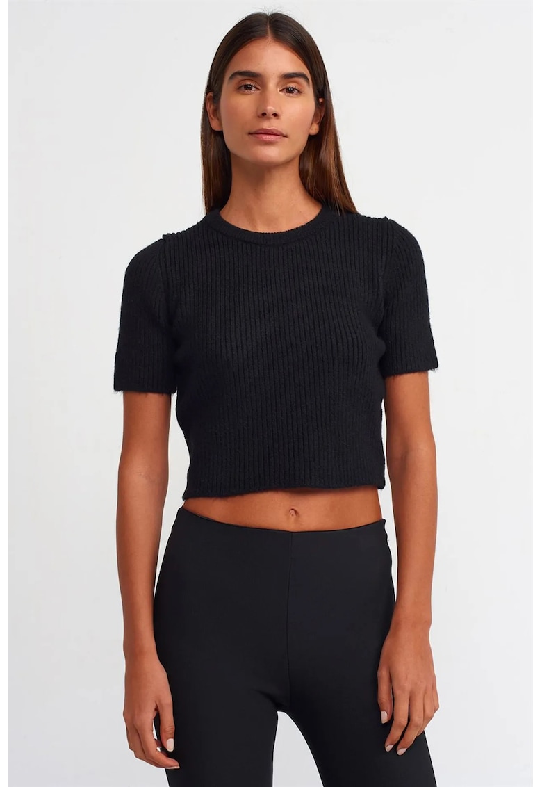 Pulover dama - crop - maneci scurte - negru - tricot mediu -