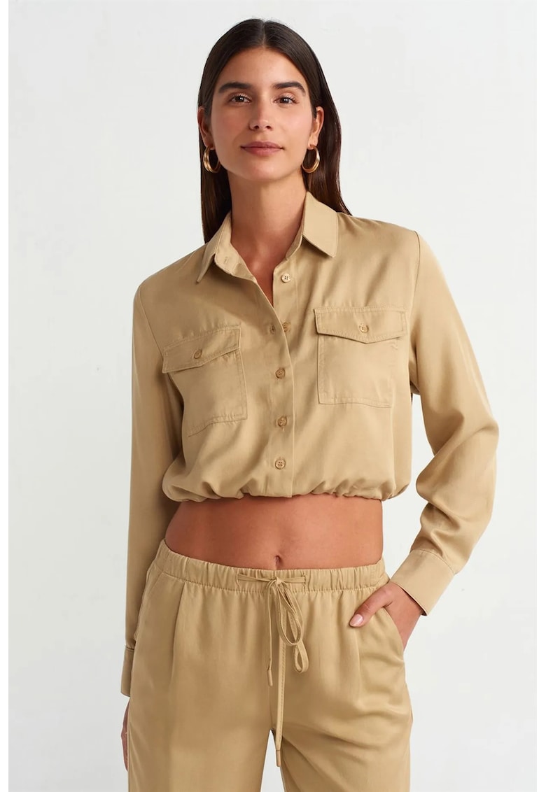 Bluza dama - camasa crop - maneci lungi - maro camel - 100% Tencel