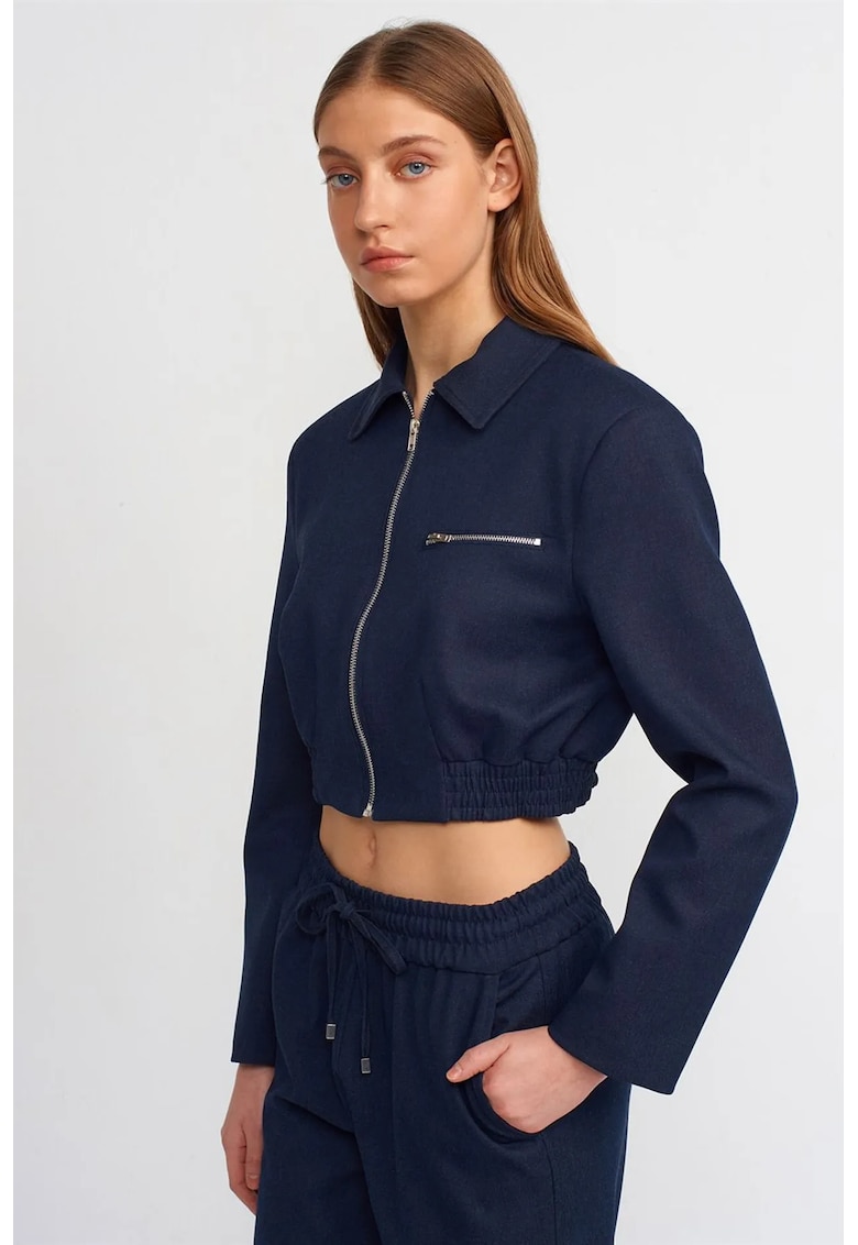 Geaca bomber femei - albastru marin - fermoar - lunga - crepe