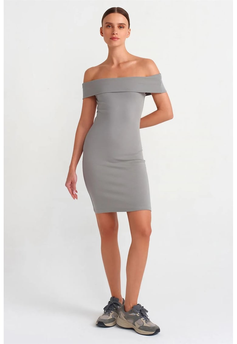 Rochie Mini - Bodycon - Gri Ardezie - Elegant - Maneca lunga - Fara inchidere - Bumbac/Elastan