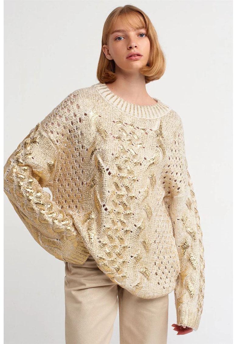 Pulover dama - oversized - crem natural - tricotaj torsade - maneci lungi - fara inchidere - One Size INTL -