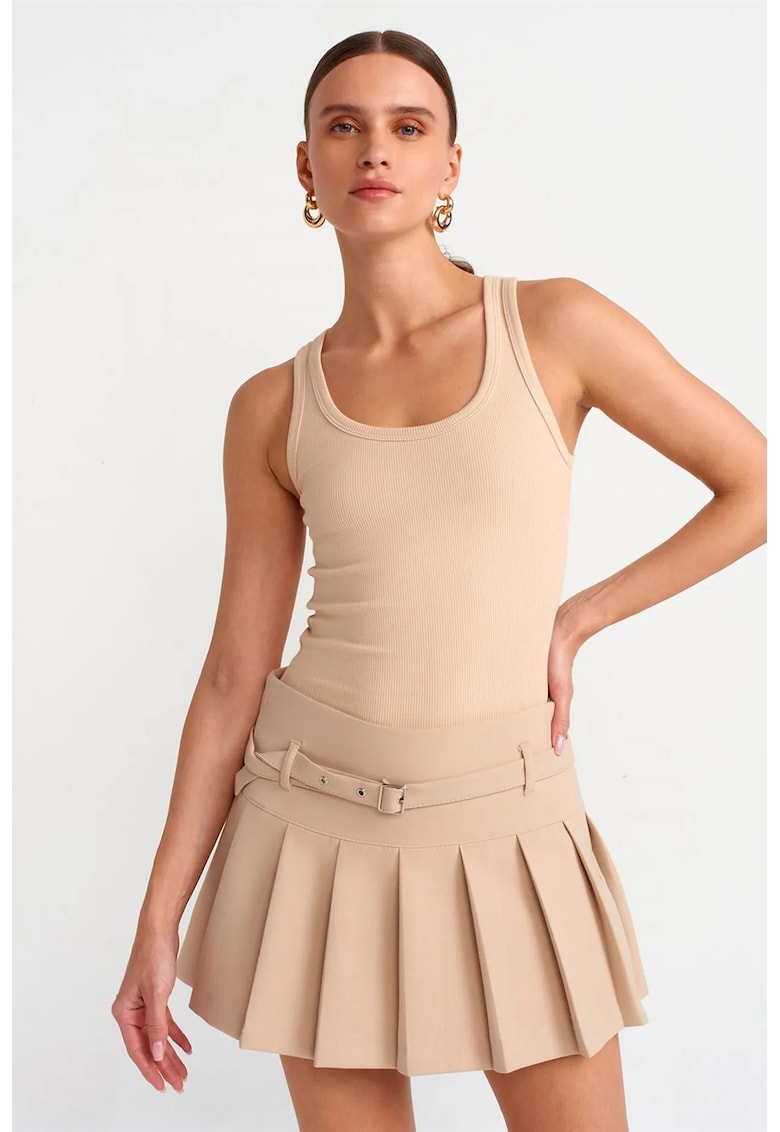 Fusta mini plisata talie inalta - bej natural - casual - cu curea - 63% poliester