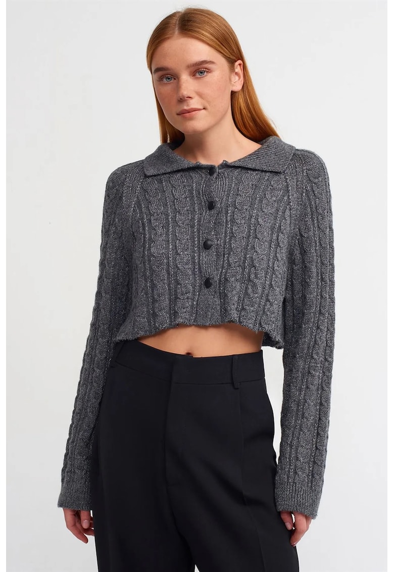Cardigan - scurt - gri antracit - tricotat cu nasturi - guler polo -