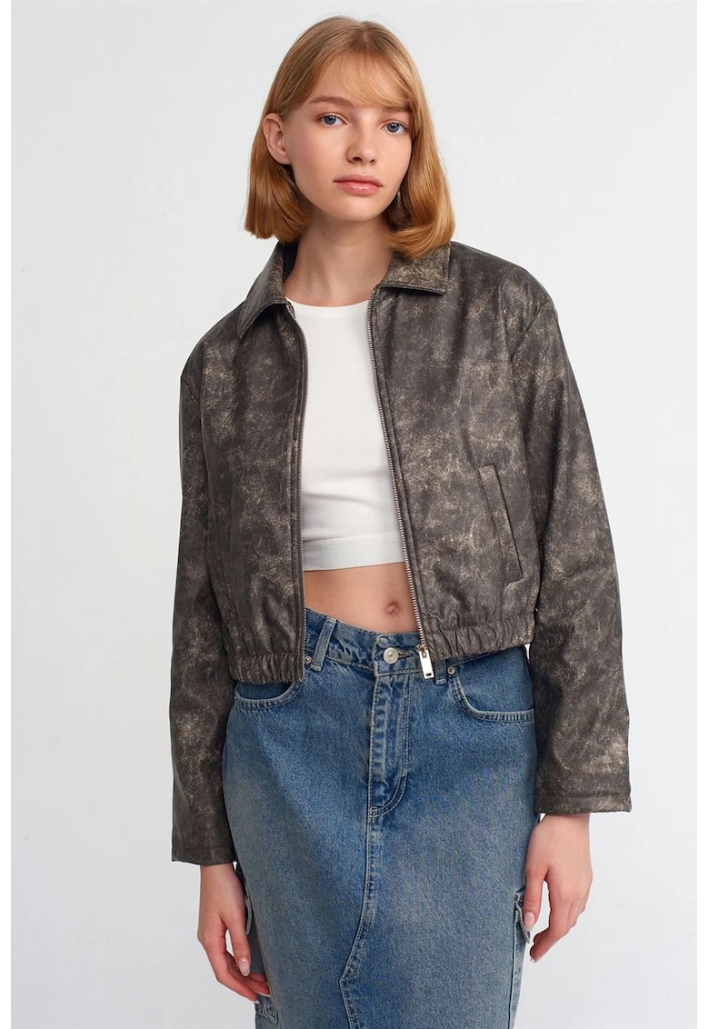 Geaca bomber scurta - piele ecologica - gri antracit - imprimeu abstract - inchidere cu fermoar