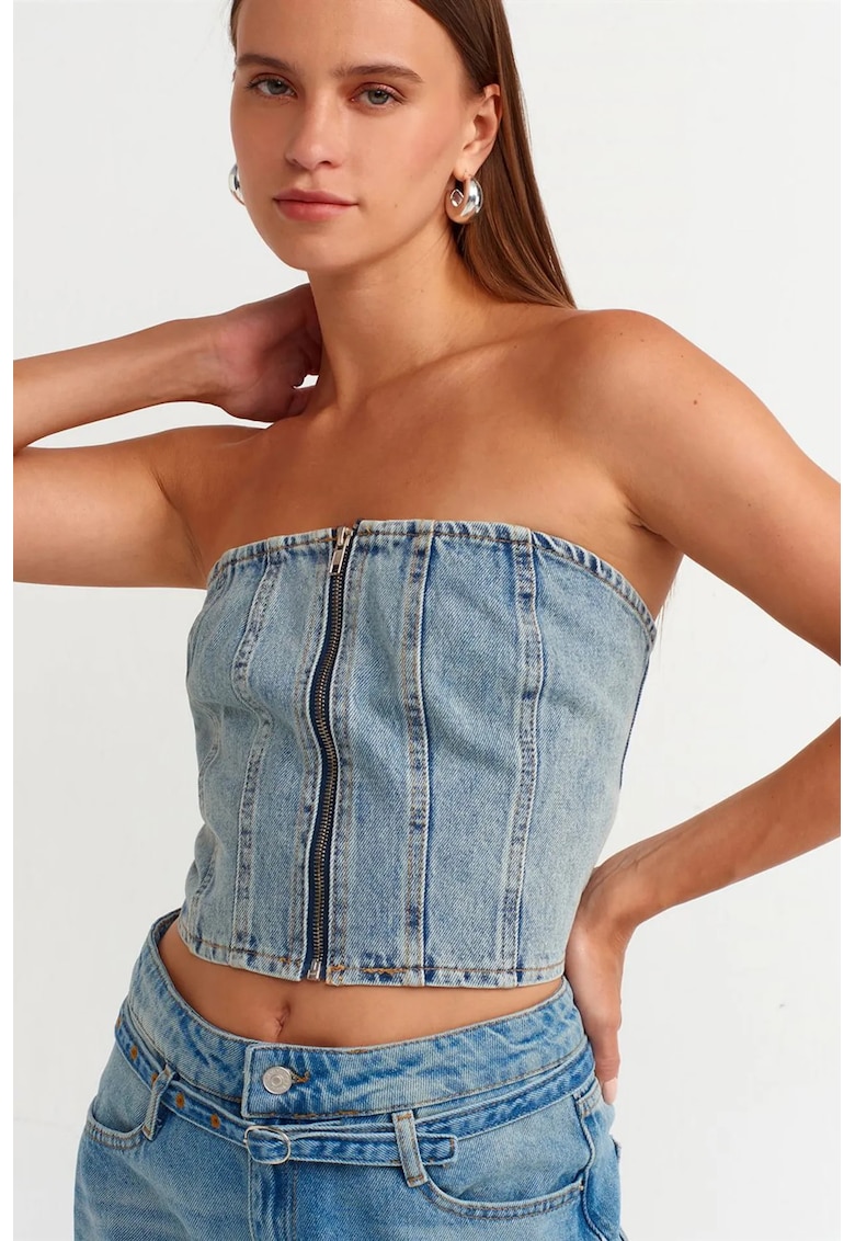 Top scurt din denim albastru deschis - cu fermoar - 100% bumbac - pentru femei