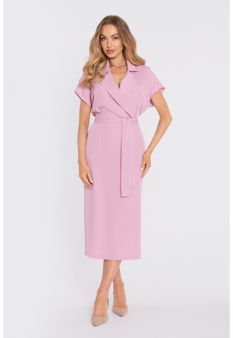 Rochie midi petrecuta cu curea - - Roz pudrat