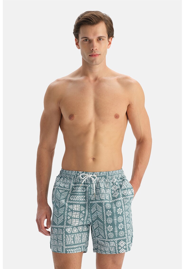 Pantaloni scurti de baie cu model grafic - Alb optic/Albastru petrol