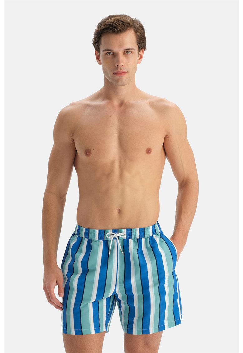 Pantaloni scurti de baie cu model in dungi si trei buzunare - Albastru royal/Bleumarin/Alb optic