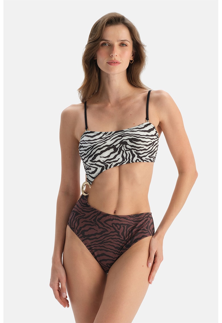 Costum de baie intreg cu imprimeu zebra - Maro inchis/Maro cognac/Ecru