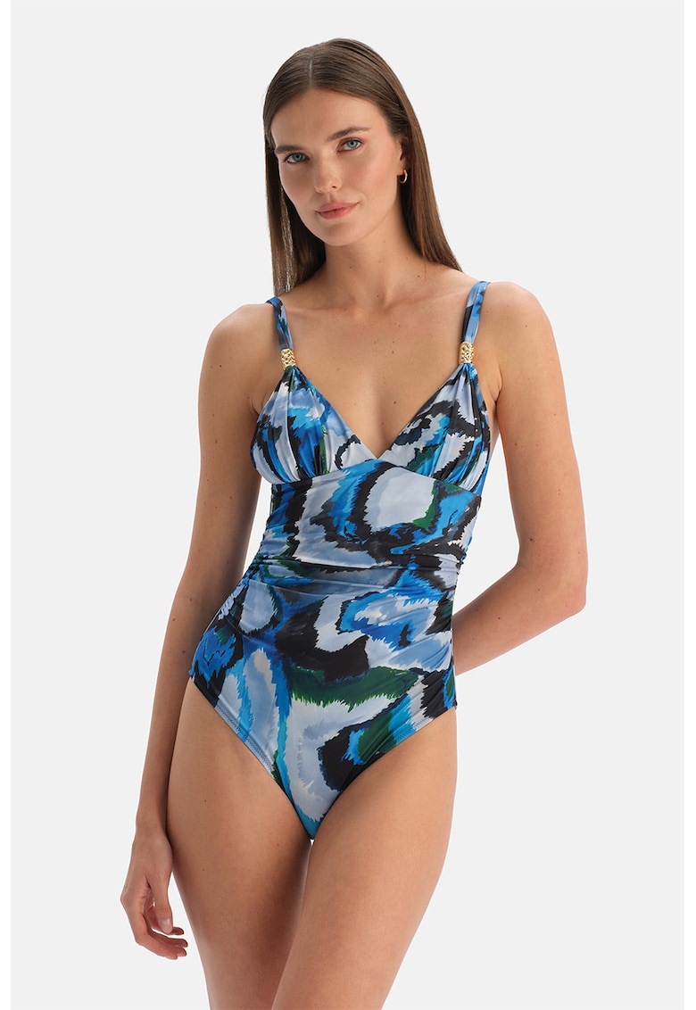 Costum de baie intreg cu model abstract - Albastru pastel/Negru/Verde padure/Albastru cobalt